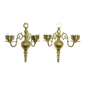 Vintage Traditional Hollywood Regency Brass Candle Wall Sconces Candelabras - A Pair