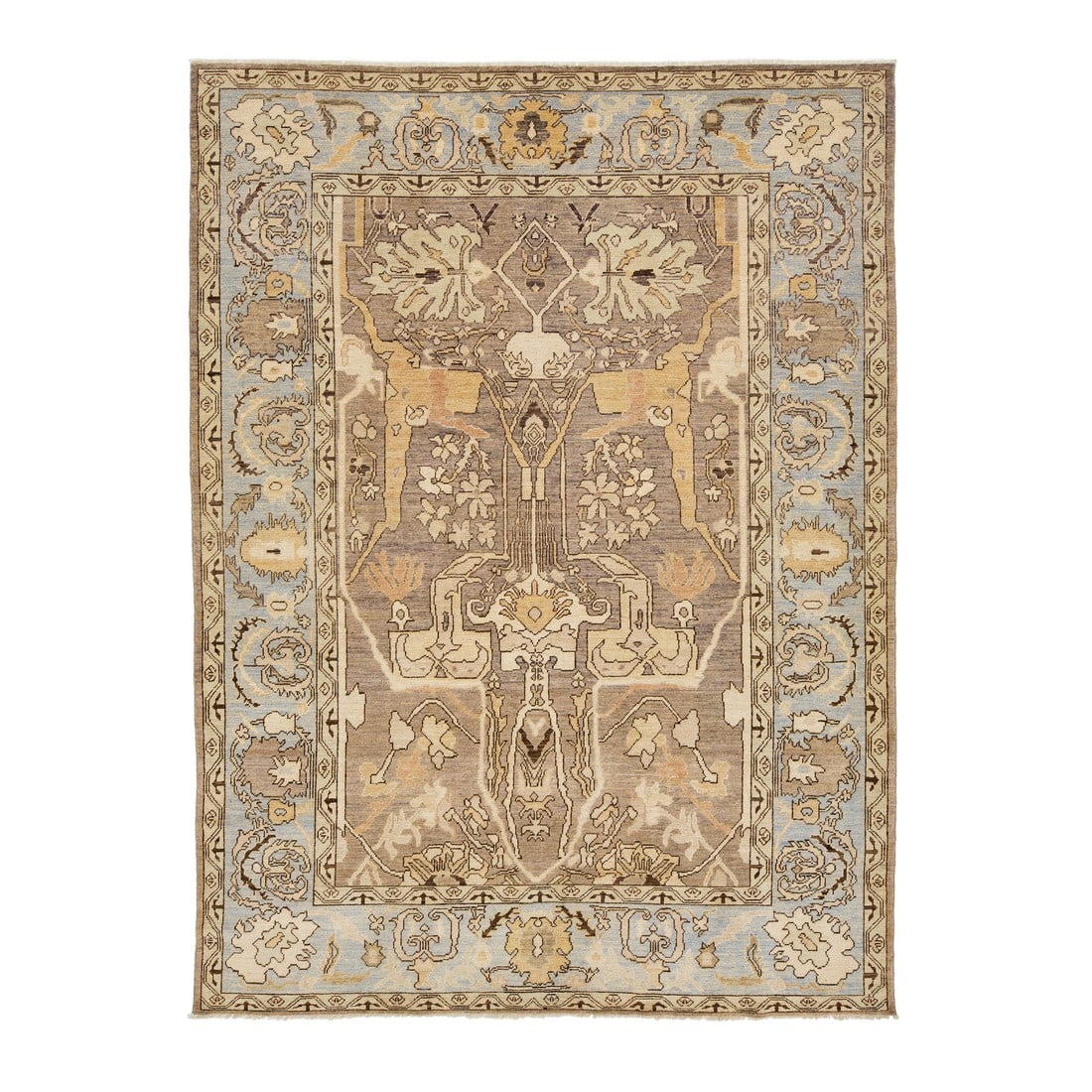Modern Oushak Style Allover Wool Rug Hand Knotted in Light Brown: Discover the elegance of this modern Oushak Style hand-knotted wool rug, showcasing a warm light brown field beautifully adorned with an intricate all-over floral design. The pattern is further