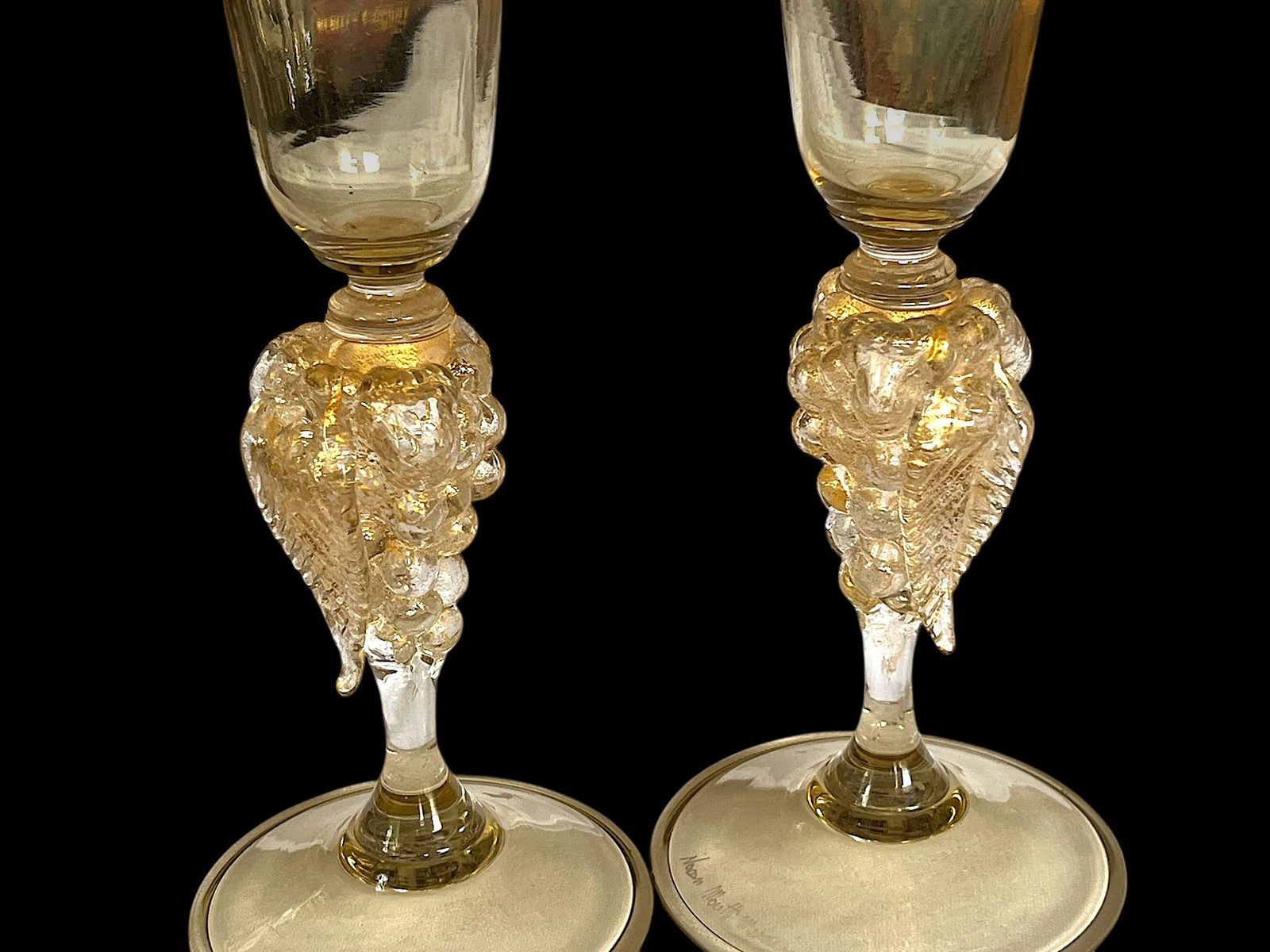 Vintage 1970s Signed Nason Moretti Murano Champagne Flutes With Grape Cluster Stems Gold Infused - A - 3