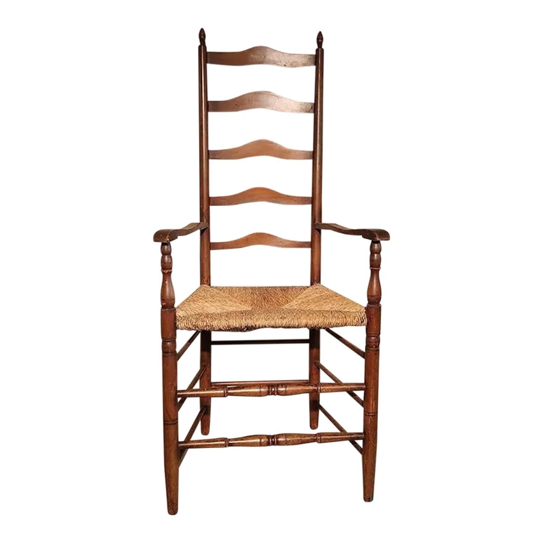 Antique Large Ladder Back Chair With Rush Seat: Tall ladder back chair with five shaped back slats and beautifully woven rush seat. This is a large chair, a real statement piece . Condition: Alterations: Original Condition Unaltered