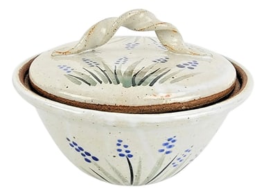 Studio Pottery Covered Serving Bowl With Lid, Blue Floral Hand Painted Design 8"