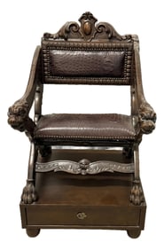 Early 20th Century Carved Dog-Head Savonarola Chair With Drawer Base, Renaissance Revival Style