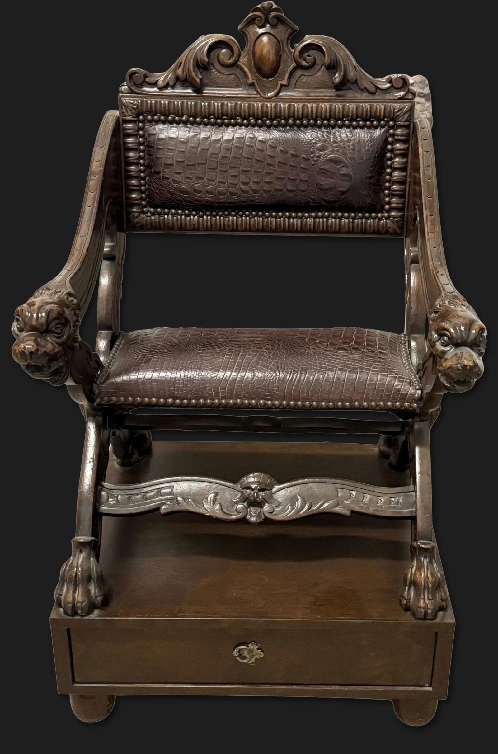 Early 20th Century Carved Dog-Head Savonarola Chair With Drawer Base, Renaissance Revival Style - 3