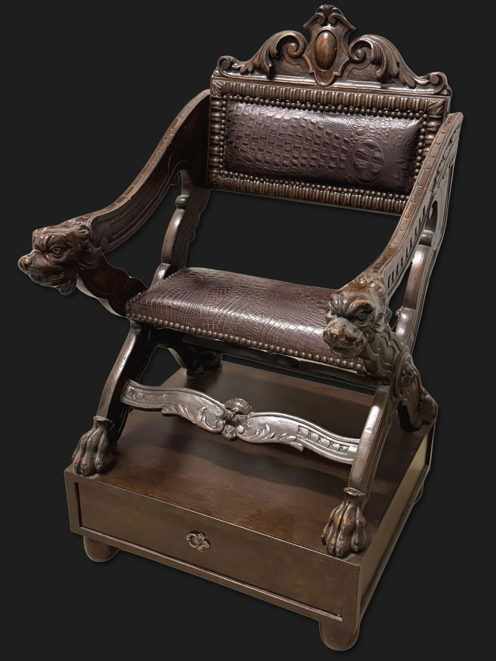 Early 20th Century Carved Dog-Head Savonarola Chair With Drawer Base, Renaissance Revival Style - 4