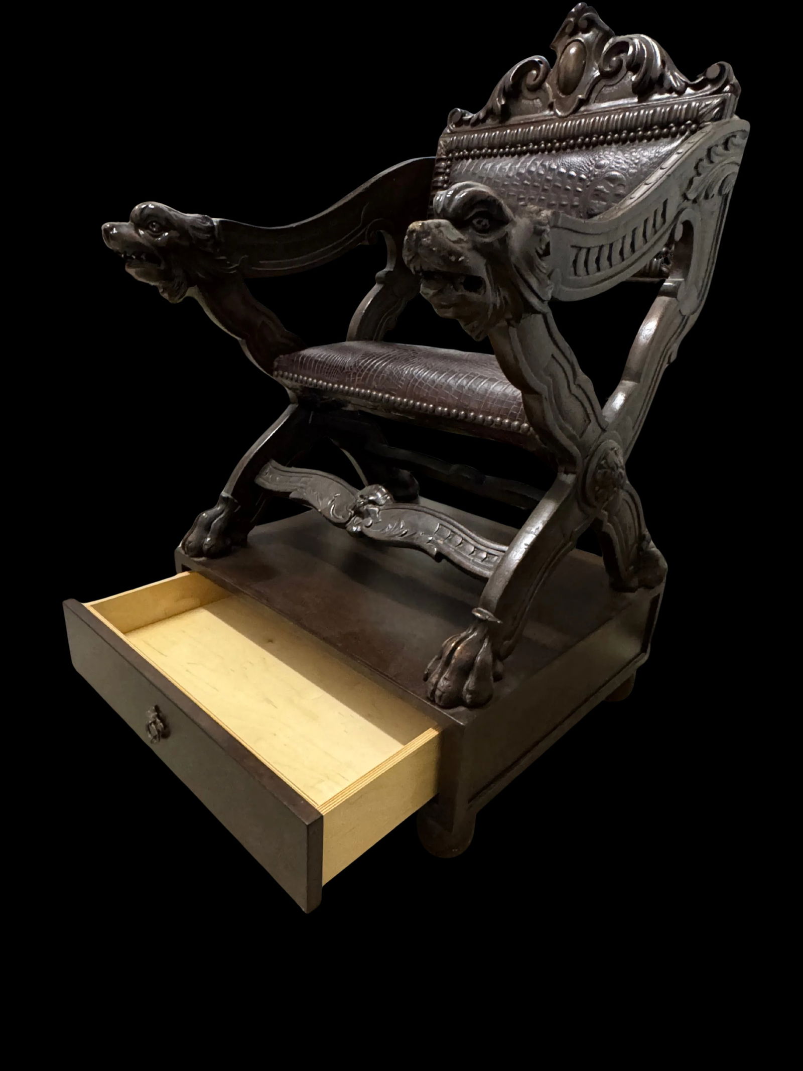 Early 20th Century Carved Dog-Head Savonarola Chair With Drawer Base, Renaissance Revival Style - 6
