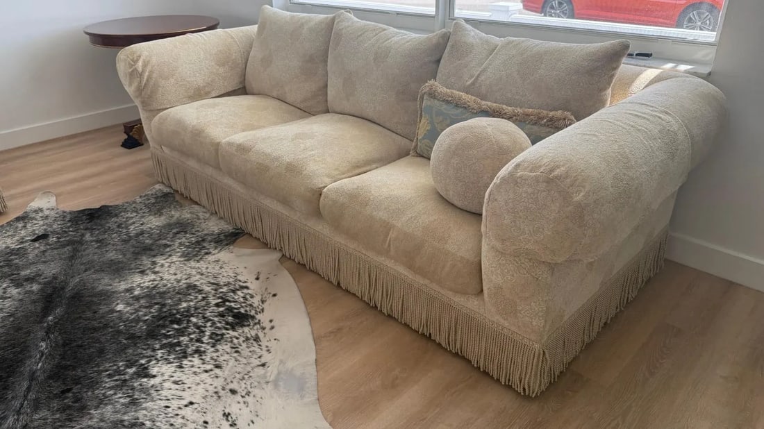 Kreiss Collection Rolled-Arm Sofa With Decorative Fringed Skirt - 2