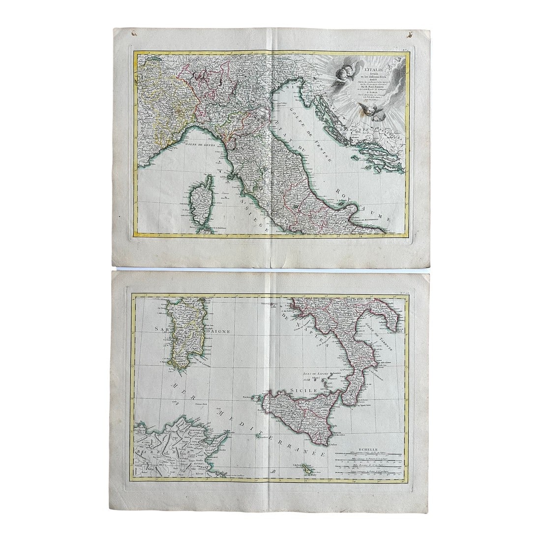 Italy (Northern & Southern), Original Double Map by Lattre, 1762: Original hand colored copper engraved double page map featuring northern and southern Italy titled "L'Italie : divisee en ses differents Etats," authored by Jean Lattre and Giovanni Antonio