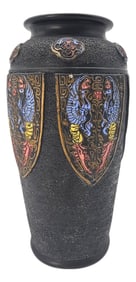 1920s Tokanobe Japanese Black Ceramic Vase With Phoenix Crane Relief 12.5"