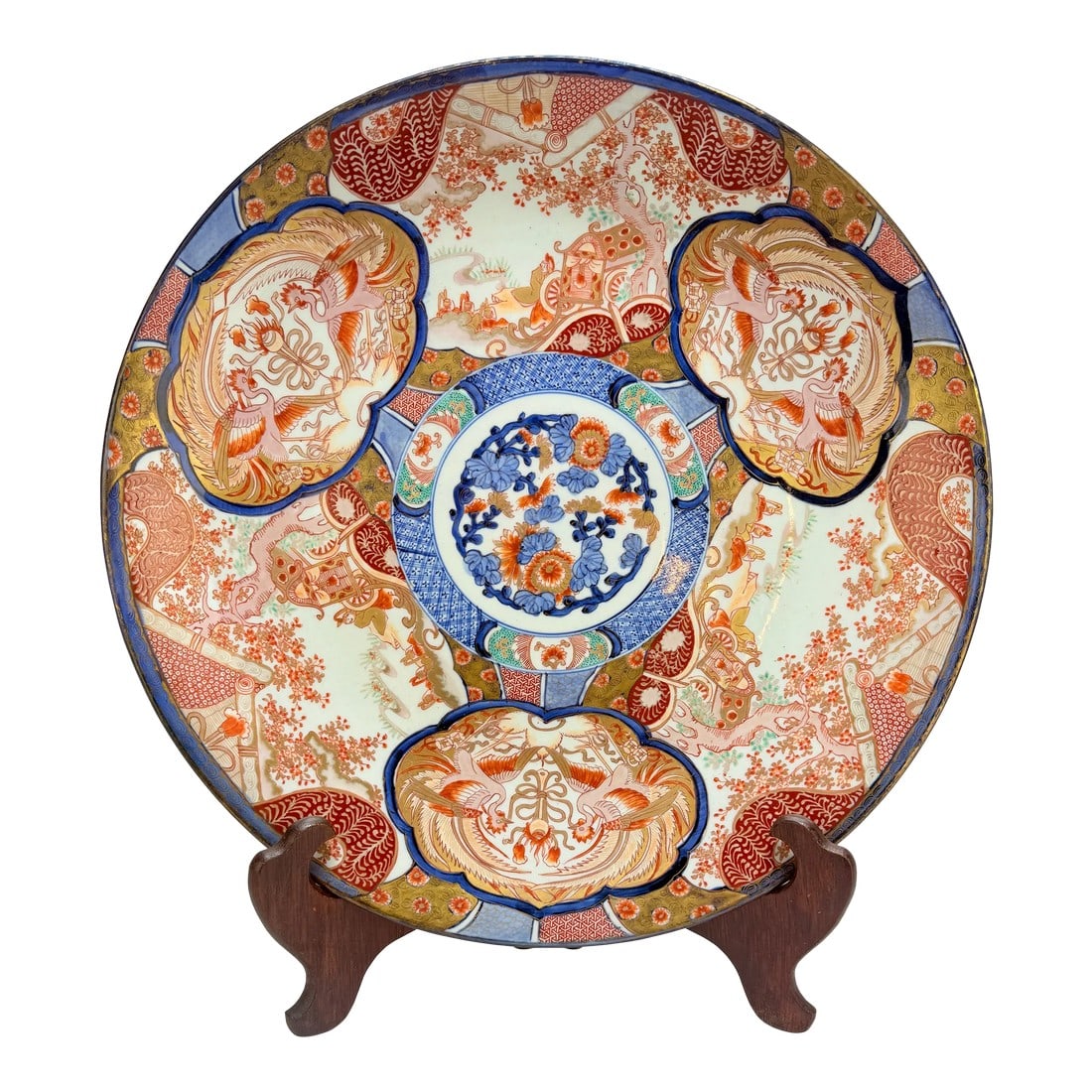 Monumental Japanese Imari Charger With Phoenix & Floral Reserves, Late Edo 19th: Monumental Japanese Imari Charger with Phoenix and Floral Reserves, Late Edo–Meiji, 19th Century A richly enameled and gilded Imari porcelain charger of impressive scale (diameter 18.375 in.), c