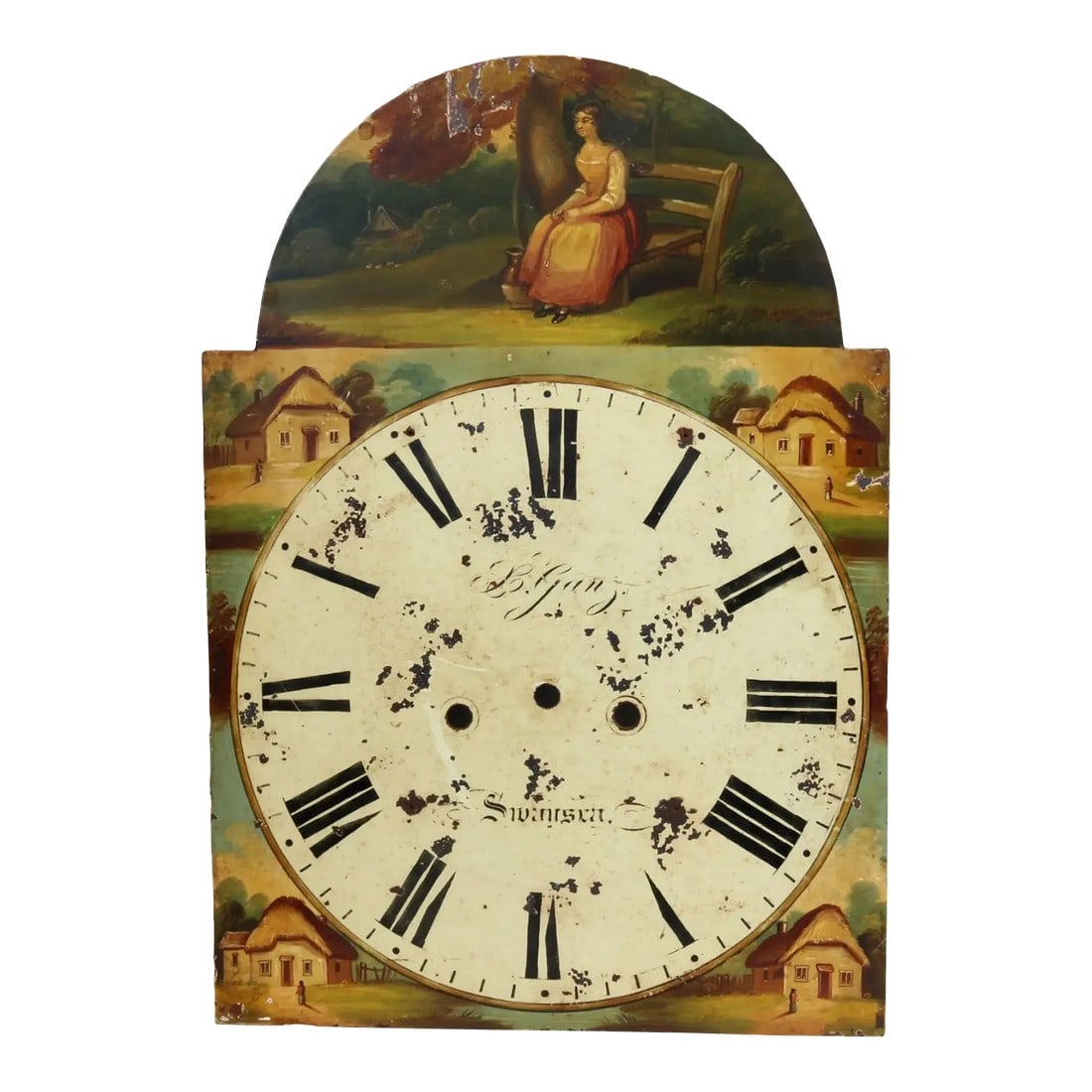 18th Century English Hand-Painted Clock Face W/ Pastoral Scene: A beautifully aged 18th-century English clock face, hand-painted with a serene pastoral scene depicting cottages and a seated maiden beneath an arched sky. Once the centerpiece of a tall case clock,