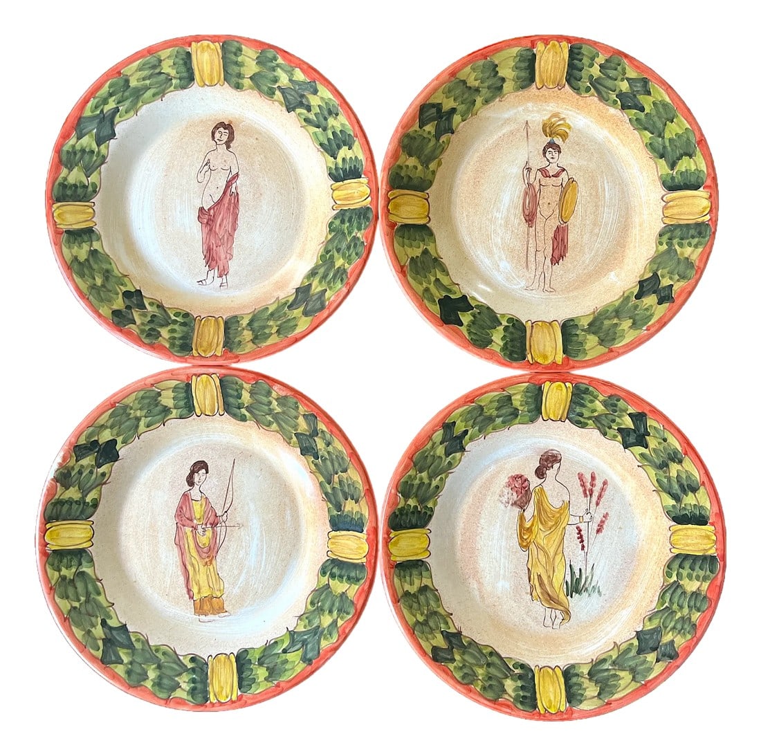Hand-Painted Rubino Alabaster "Gods and Goddesses" Plates – Diana, Flora, Mars & Venus Set of: A beautifully hand-painted set of four Italian majolica-style plates by Rubino Alabaster, each depicting a classical Greco-Roman deity in soft, painterly detail. The set includes Diana (the