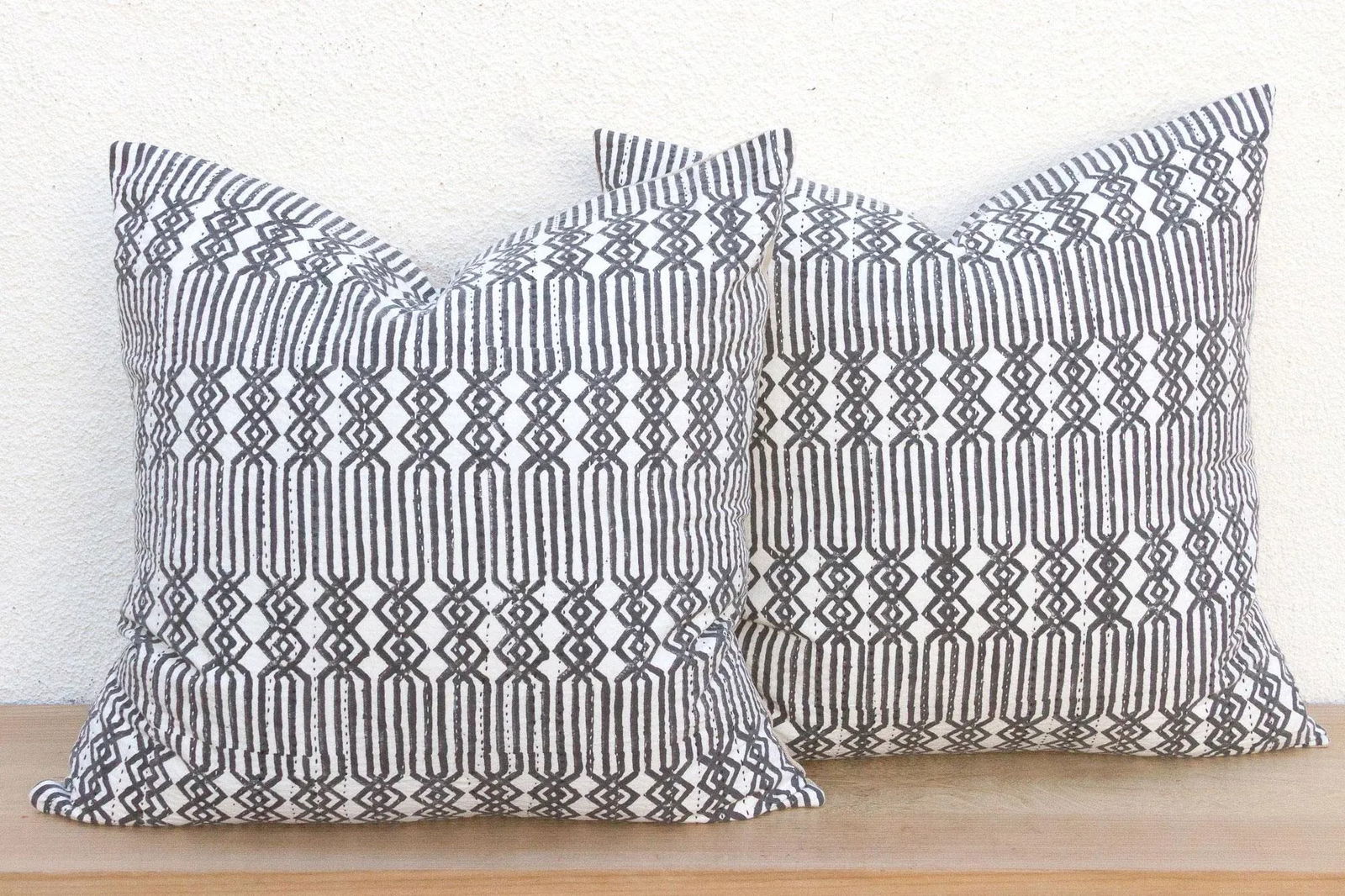 Pair of Large Black & White Blockprint Kantha Pillow - 3