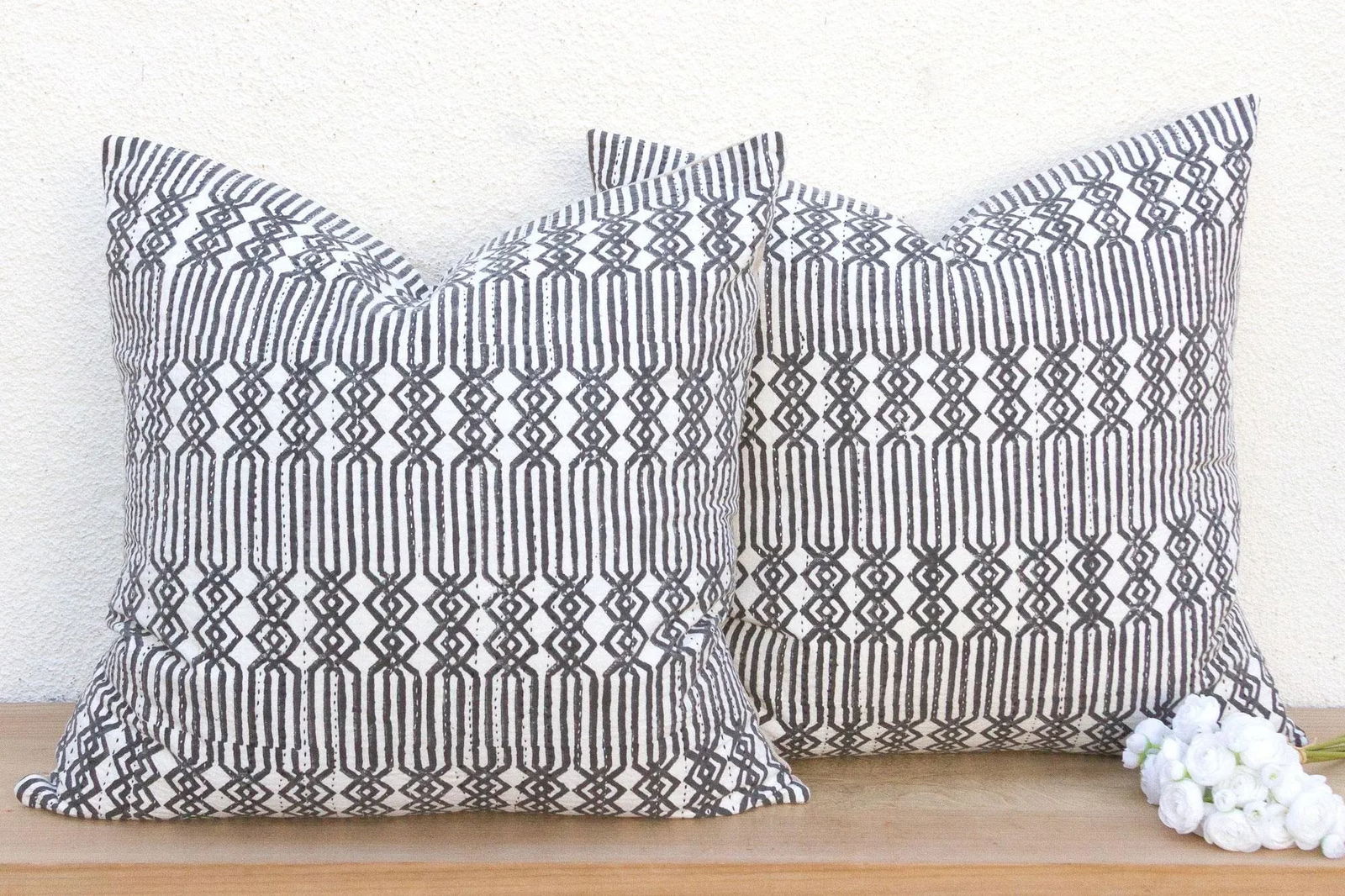 Pair of Large Black & White Blockprint Kantha Pillow - 7