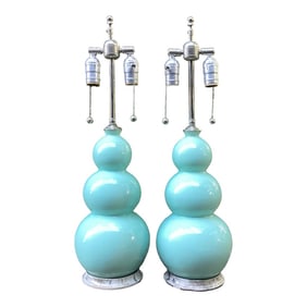 Hand Signed Pair of Christopher Spitzmiller Triple Gourd Lamps in Robin's Egg Blue and Nickel