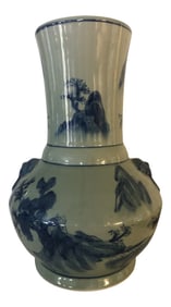 Vintage Chinoiserie Lions Head or Foo Dog Celadon & Blue Vase