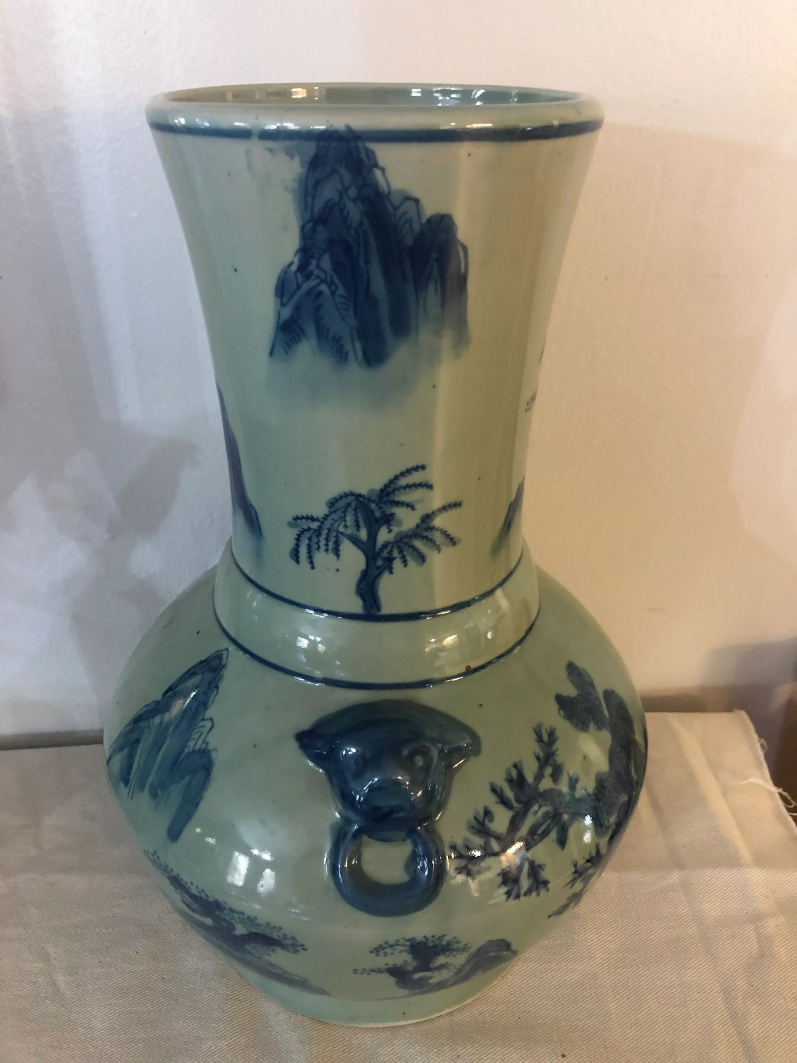 Vintage Chinoiserie Lions Head or Foo Dog Celadon & Blue Vase - 2