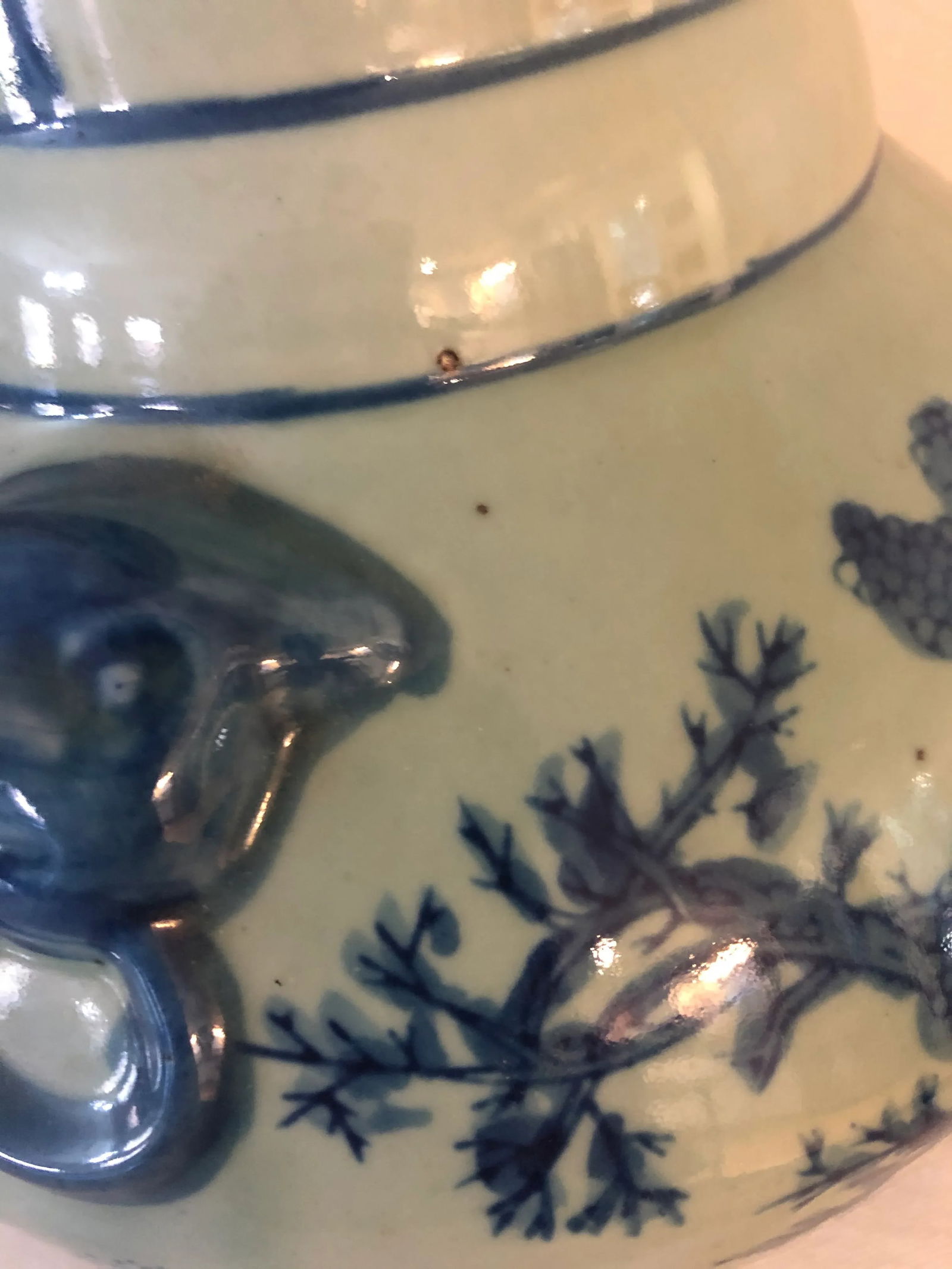 Vintage Chinoiserie Lions Head or Foo Dog Celadon & Blue Vase - 3