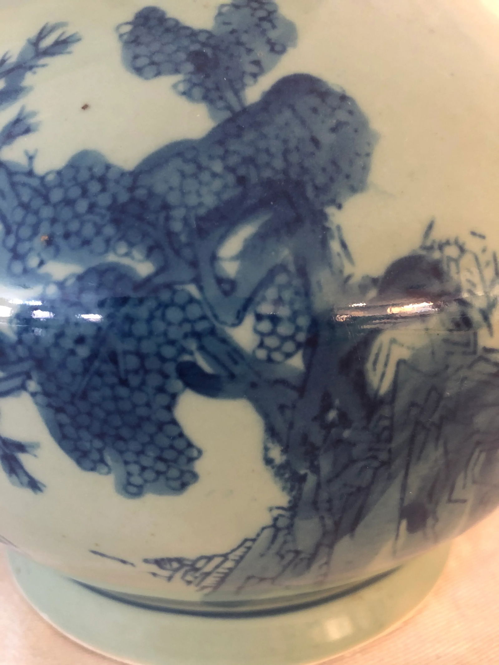 Vintage Chinoiserie Lions Head or Foo Dog Celadon & Blue Vase - 4