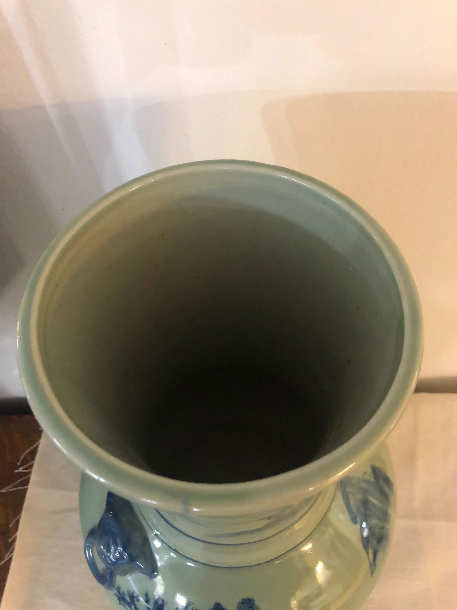 Vintage Chinoiserie Lions Head or Foo Dog Celadon & Blue Vase - 5