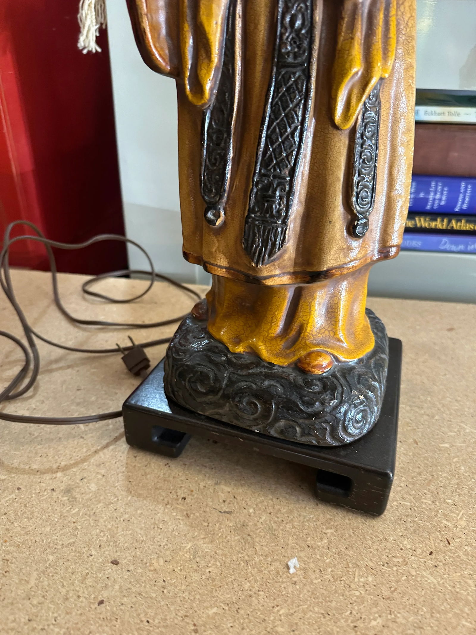 1970s Wooden Hand Carved Figurative Large Lamp With Shade - 2