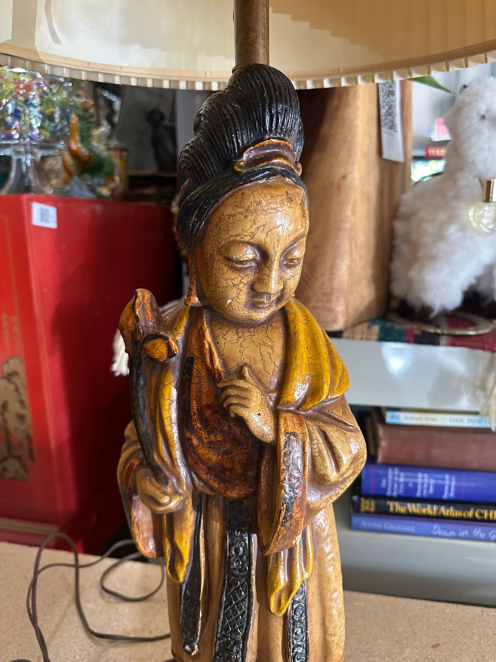 1970s Wooden Hand Carved Figurative Large Lamp With Shade - 3