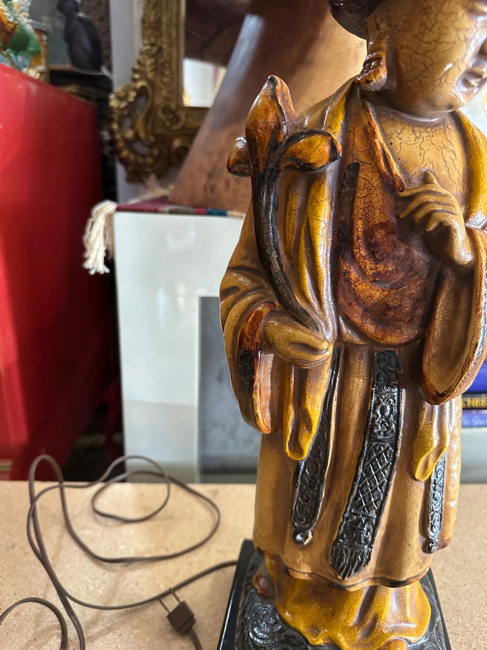 1970s Wooden Hand Carved Figurative Large Lamp With Shade - 7