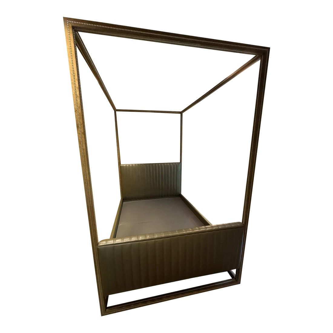 Frank Roop Queen Canopy Bed in Olive Green Leather and Alcantara With Nailhead Detail: Retailed for $15,000 This luxurious Frank Roop custom queen canopy bed blends architectural presence with refined craftsmanship. The frame is wrapped in olive green Alcantara"”a soft,