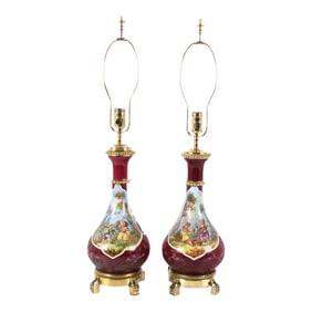 Mid-20th Century French Rococo Style Hand-Painted Porcelain Lamps – a Pair
