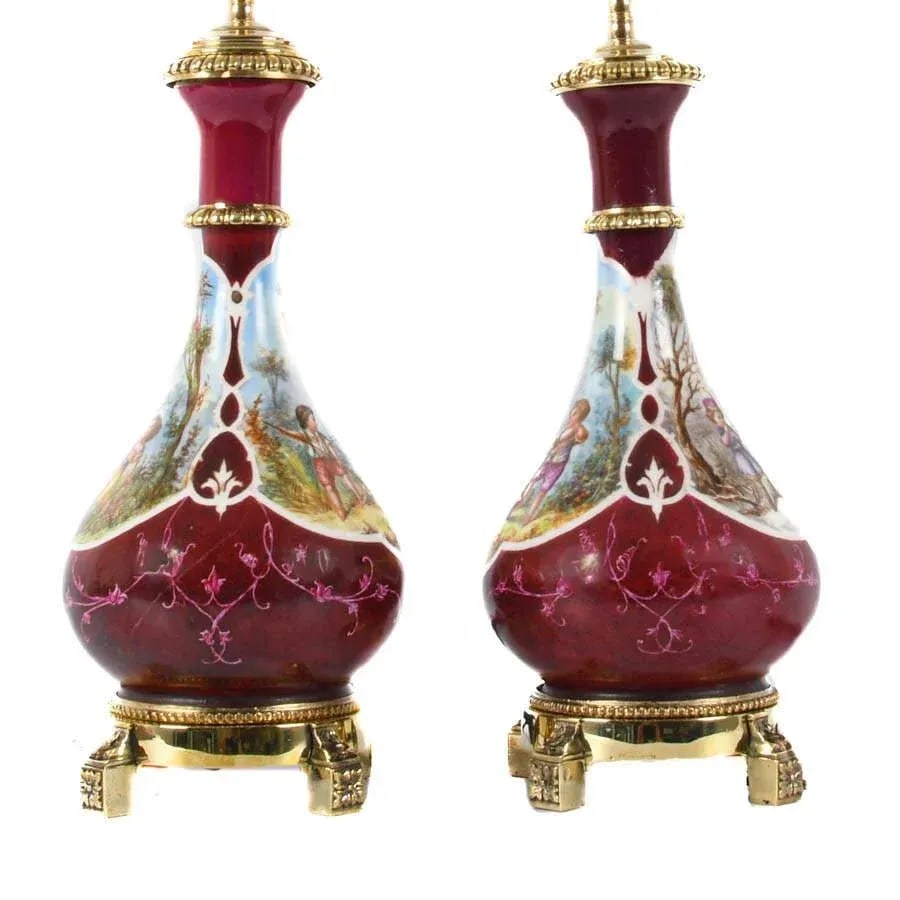 Mid-20th Century French Rococo Style Hand-Painted Porcelain Lamps – a Pair - 3
