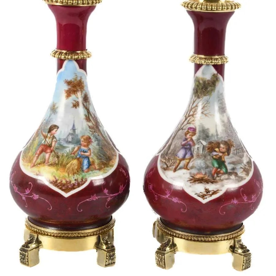 Mid-20th Century French Rococo Style Hand-Painted Porcelain Lamps – a Pair - 5