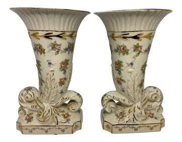 1940's English Hand Decorated "Eaton China" Vases With Pink Roses & Blue Posies Design - a Pai