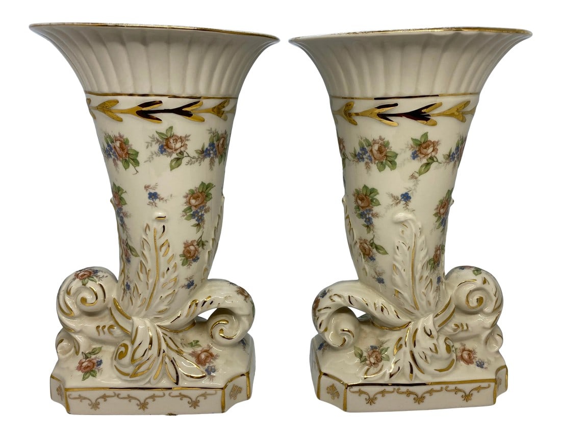 1940's English Hand Decorated "Eaton China" Vases With Pink Roses & Blue Posies Design - a Pai: Vintage Pair of English Hand Decorated "Eton China" Horn of Plenty Vases with Gold Highlighted with Pink Roses & Blue Posies Design. Theses vases are hand decorated and are in excellent condition