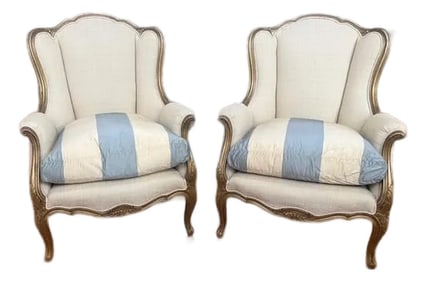 Pair of Early 20th Century Louis XV–Style Wingback Bergère Chairs With Gilt Frames