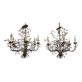 1940s French Pair of Wrought Iron and Crystal Branch Chandeliers