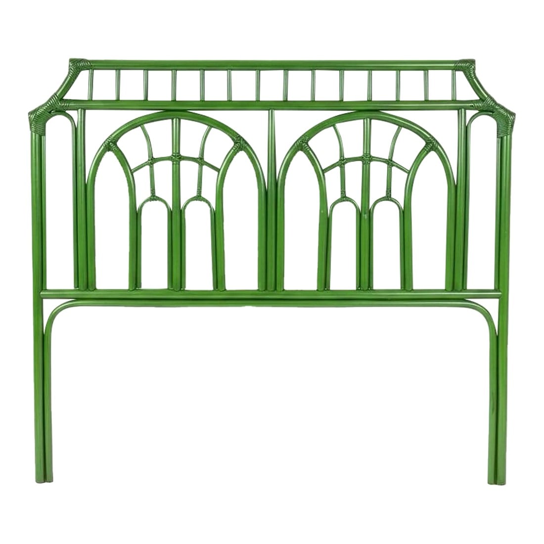 Vintage Emerald Green Pagoda Rattan Full Size Headboard | Dorothy Draper Chinoiserie Style - Newly P: Turtle and Crane Curated Piece: Exquisite Emerald Rattan Pagoda Headboard Elevate your bedroom sanctuary with this exquisite Vintage Rattan Headboard, presented by Turtle and Crane as a masterclass