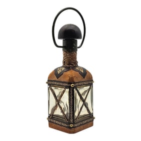 Vintage Italian Leather & Metal Lantern Decanter Rustic Medieval Revival 11"