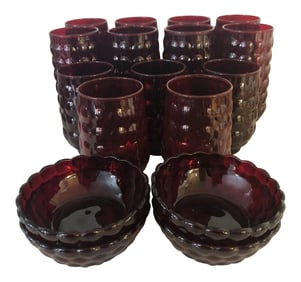 Mid Century Anchor Hocking Ruby Bubble Glassware - Set of 17