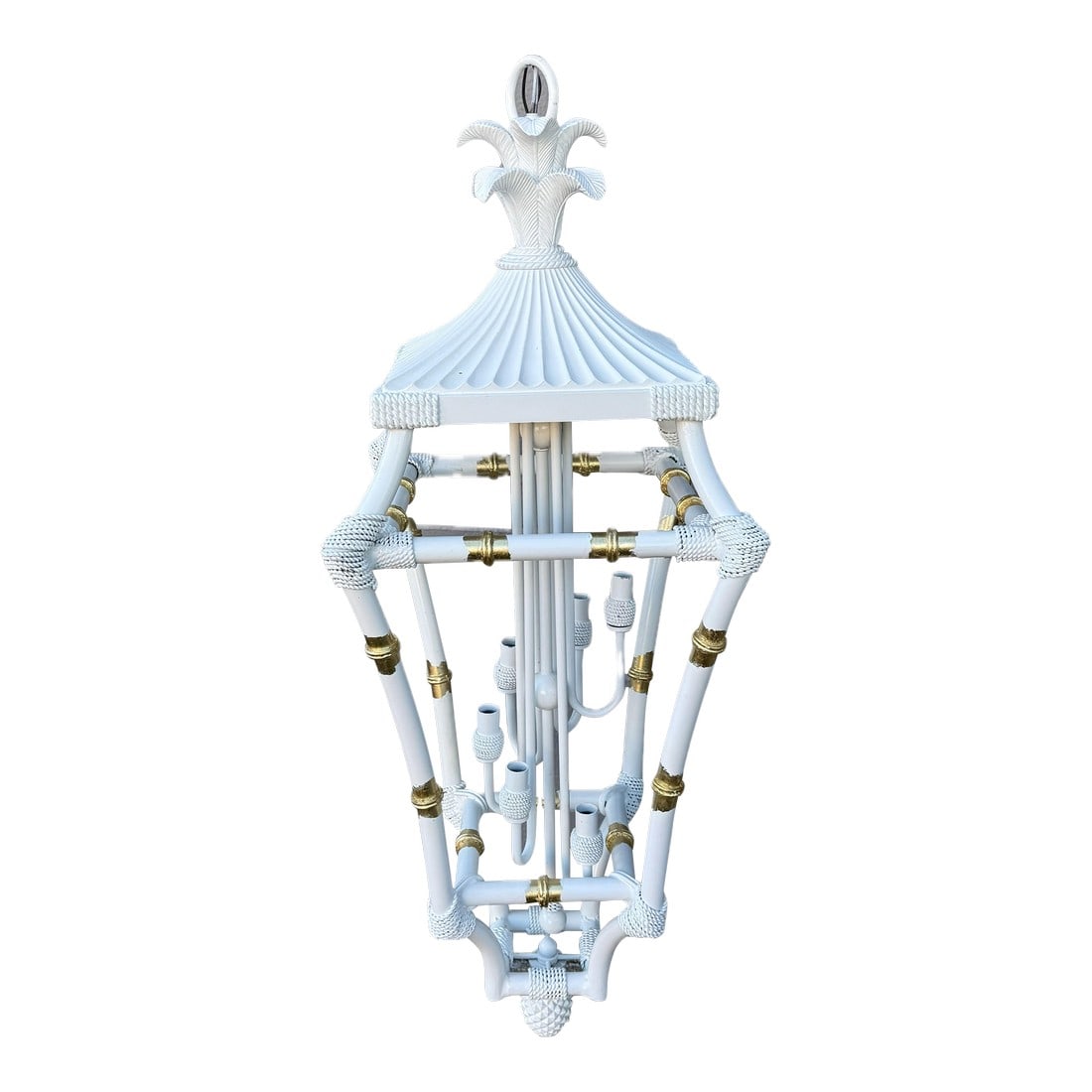 Vintage Palm Beach Regency Parcel Gilt Faux Bamboo Lantern Chandelier Curated and Newly Painted by T: Discover an extraordinary piece of vintage elegance with this refurbished faux bamboo chandelier, expertly revitalized by the talented duo, Turtle and Crane. This stunning lantern-style chandelier