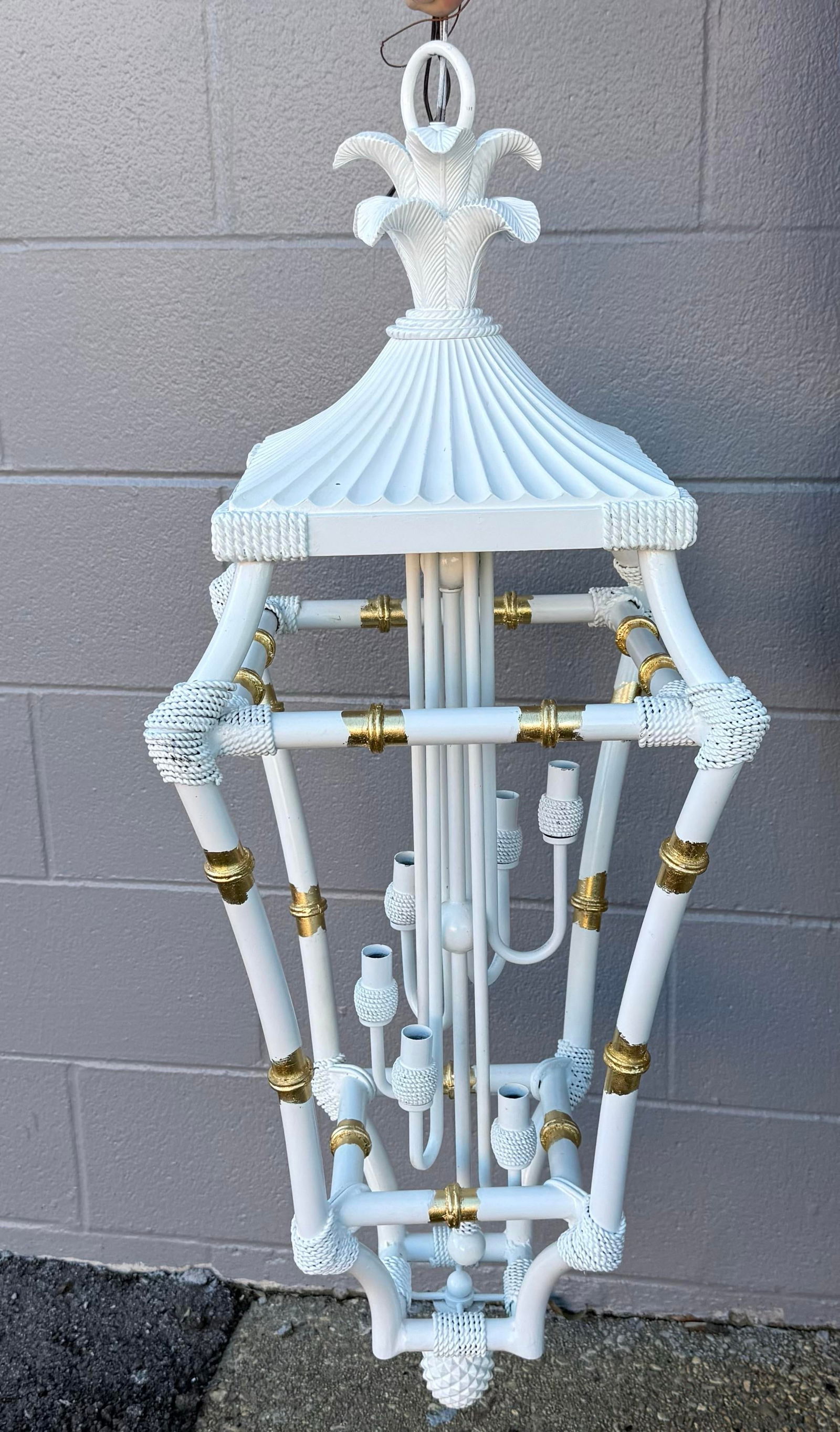 Vintage Palm Beach Regency Parcel Gilt Faux Bamboo Lantern Chandelier Curated and Newly Painted by T - 2