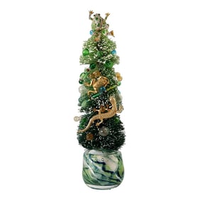 Midcentury Bottle Brush Tree With Frogs –W/ Art Glass Base
