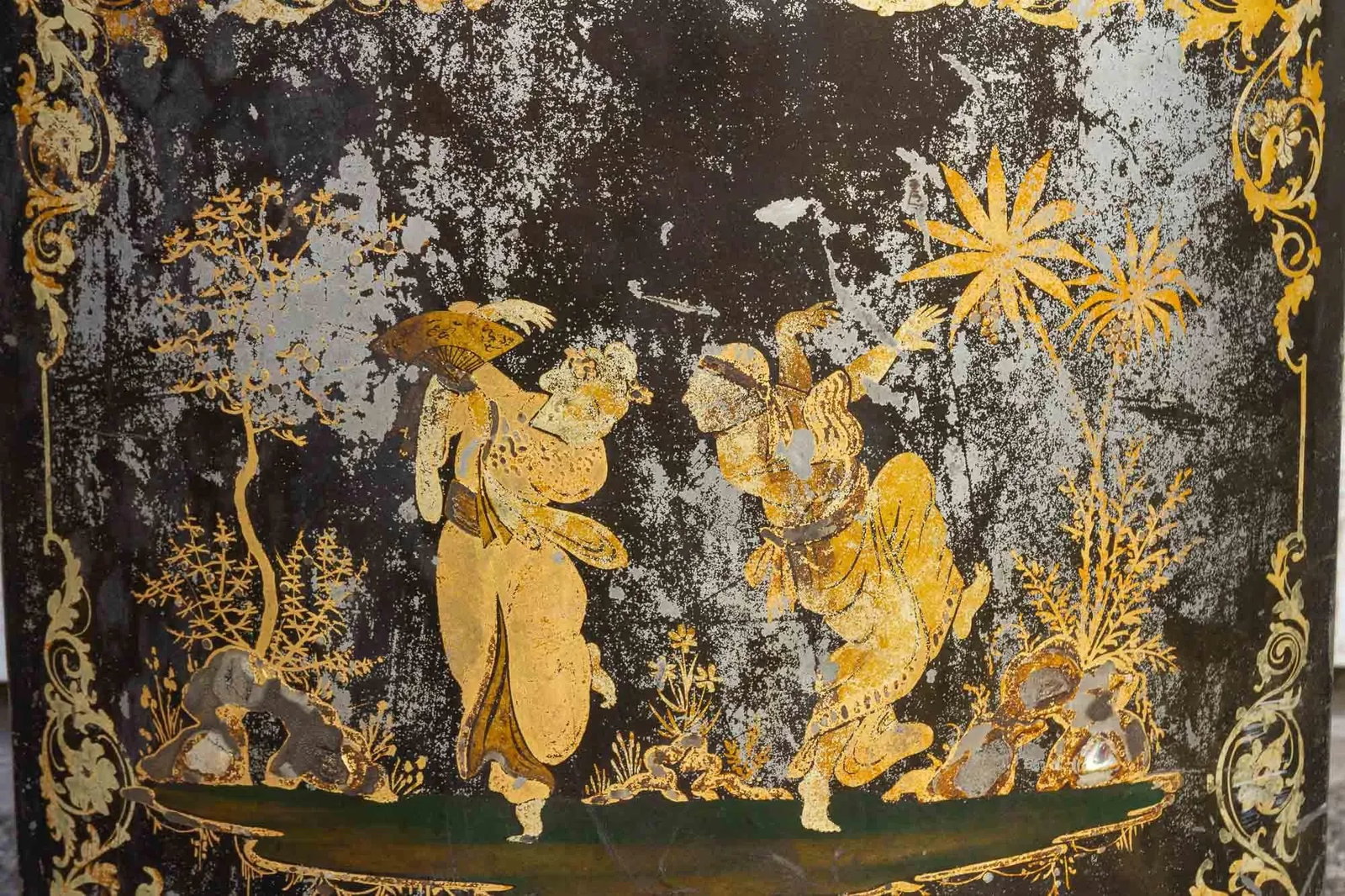 Antique Black & Gilt Chinoserie Drum Canister - 9