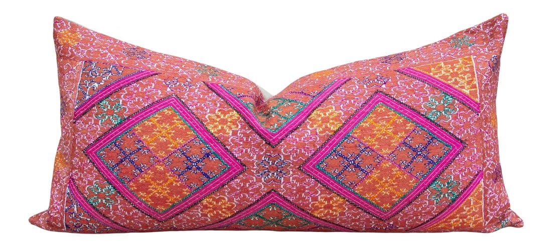 Antique Maida Sindh Silk Pillow: Beautiful hand-embroidered decorative silk pillow from the rich agricultural states of Punjab where artisans are famous for their "Phulkari" or floral embroidery work. Originally once used as