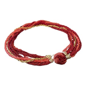 Vintage Japanese Red Glass Beaded Multi-Strand Necklace With Gold Tone Chain