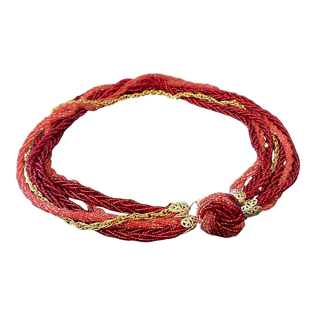 Vintage Japanese Red Glass Beaded Multi-Strand Necklace With Gold Tone Chain: Vintage Japanese Red Glass Beaded Multi-Strand Necklace with Gold Tone Chain – Elegant Holiday Jewelry This stunning vintage Japanese multi-strand necklace features seven strands of vibrant