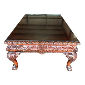 1990s Oversize Solid Mahogany Coffee Table With Intricate Carving