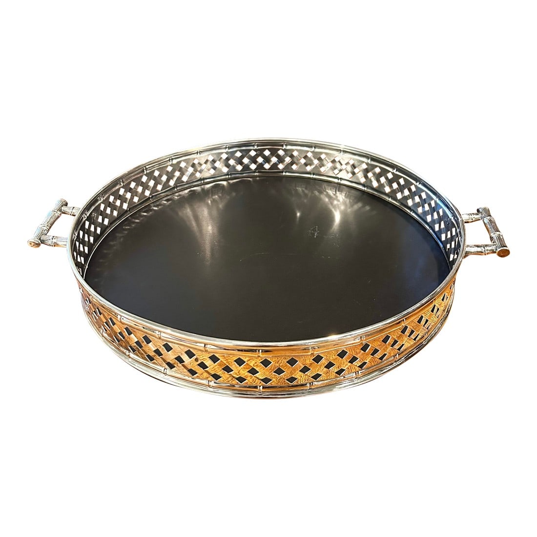 Vintage Hollywood Regency Silver Plate Faux Bamboo Gallery Tray With Handles: This large 15" tray is great for a home bar or to top an ottoman. The gallery sides are silver plate with a basket weave and faux bamboo design. The handles are faux bamboo as well. The surface is