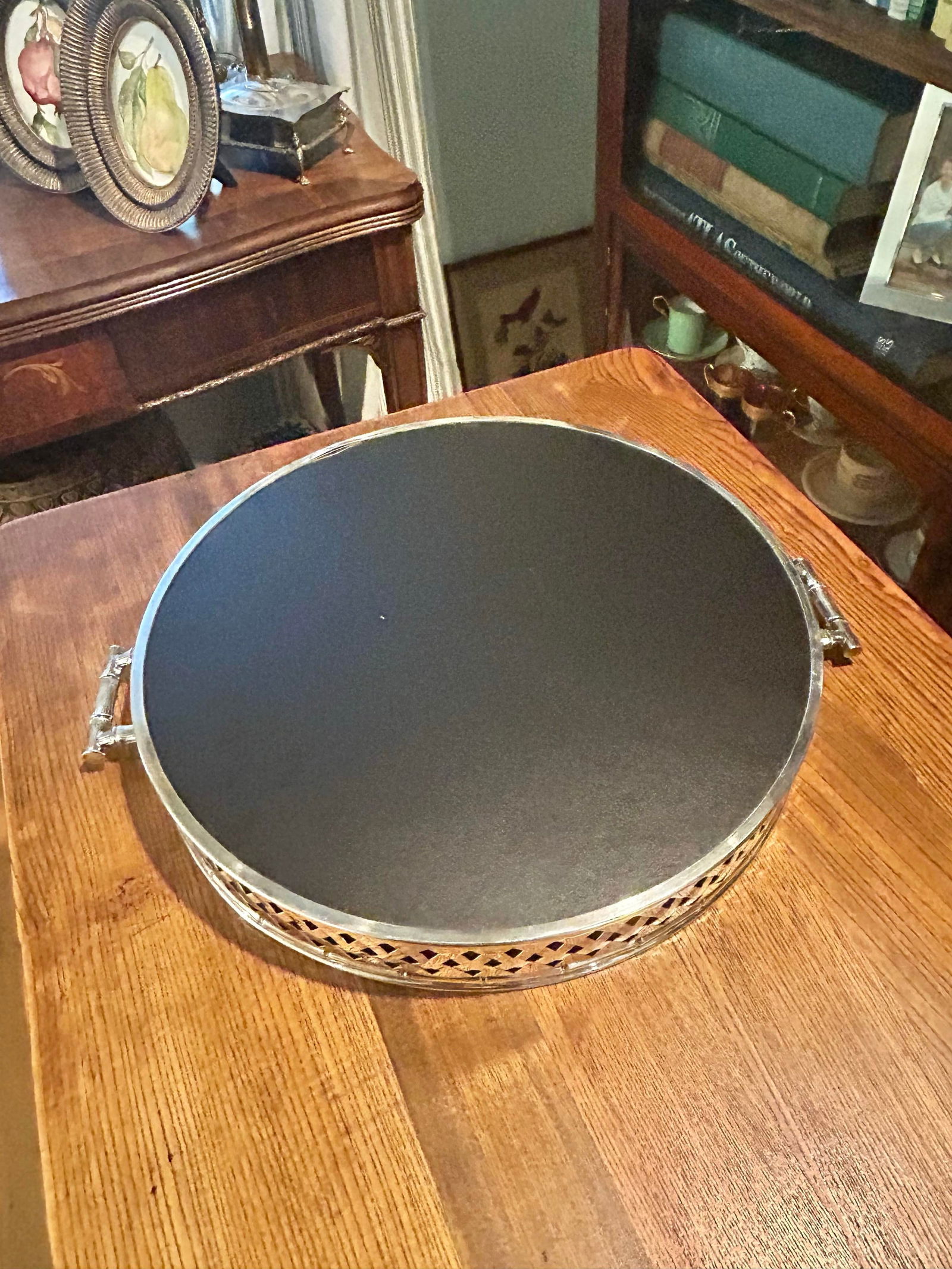 Vintage Hollywood Regency Silver Plate Faux Bamboo Gallery Tray With Handles - 7