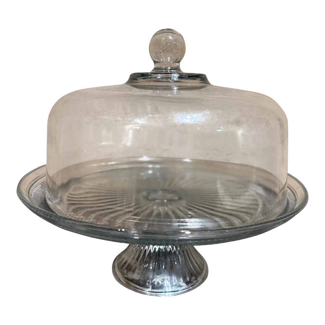 Vintage Modern Glass Cake Stand With Dome: For your consideration a vintage footed glass cake stand with glass dome. Unmarked, no information on the maker. Dimensions: 12" diameter x 10.5" H Please visit take a look at our listings, we have