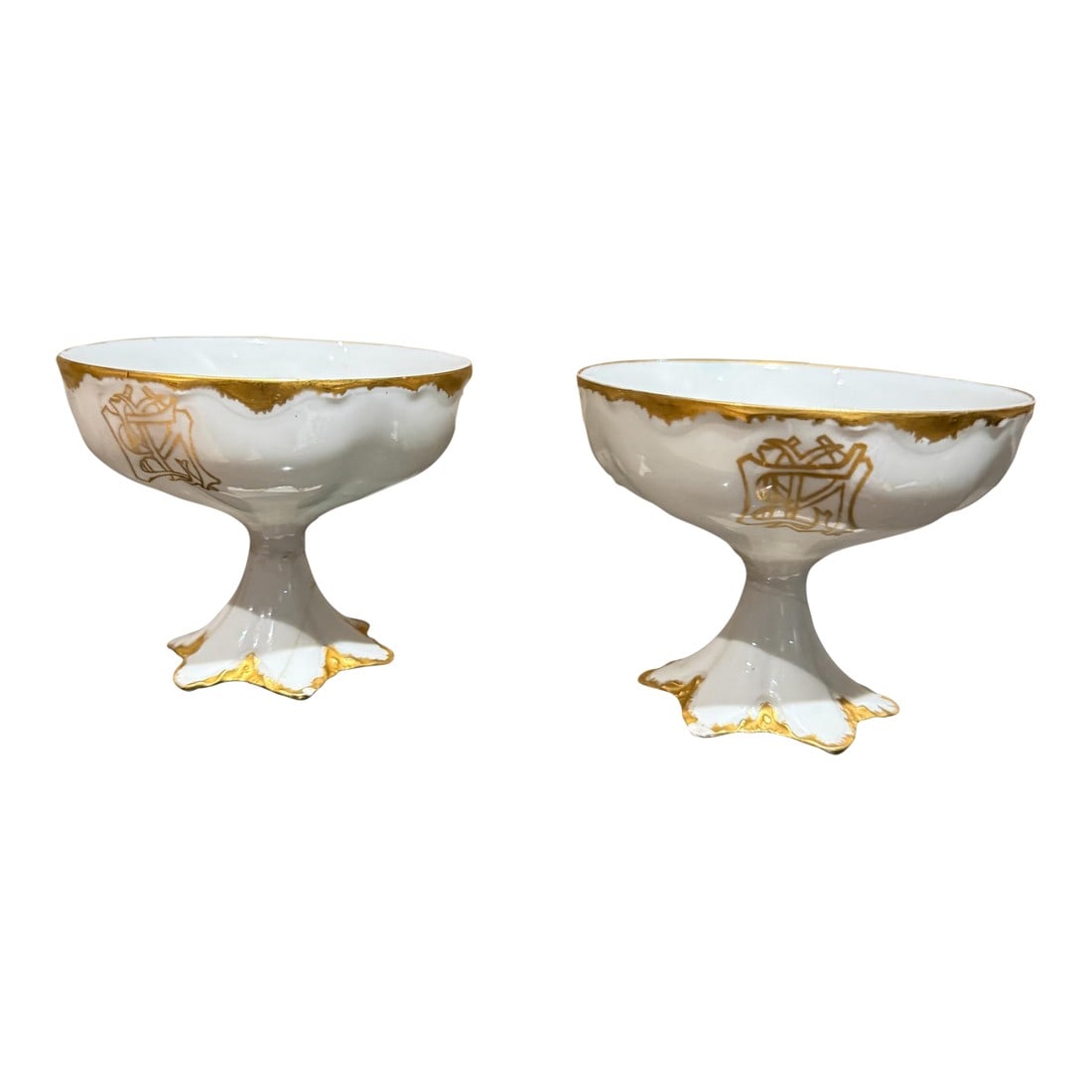 Theodore Haviland Limoges Punch Cups Pair Porcelain: For your consideration, a set (pair of two) of antique Theodore Haviland Limoges punch cups or sherbet bowls with a white and gold trim. Dimensions:3.88" diameter x 3" H Please visit take a look