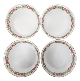 Set of 4 Guerin & Co Limoges Pink Rose & Gold Bone China Soup Bowls, France c.1910-1932